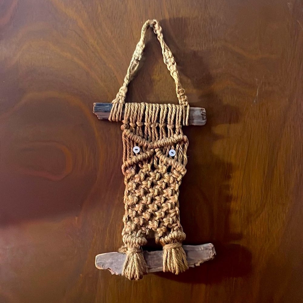 Vintage Macrame owl with drift wood